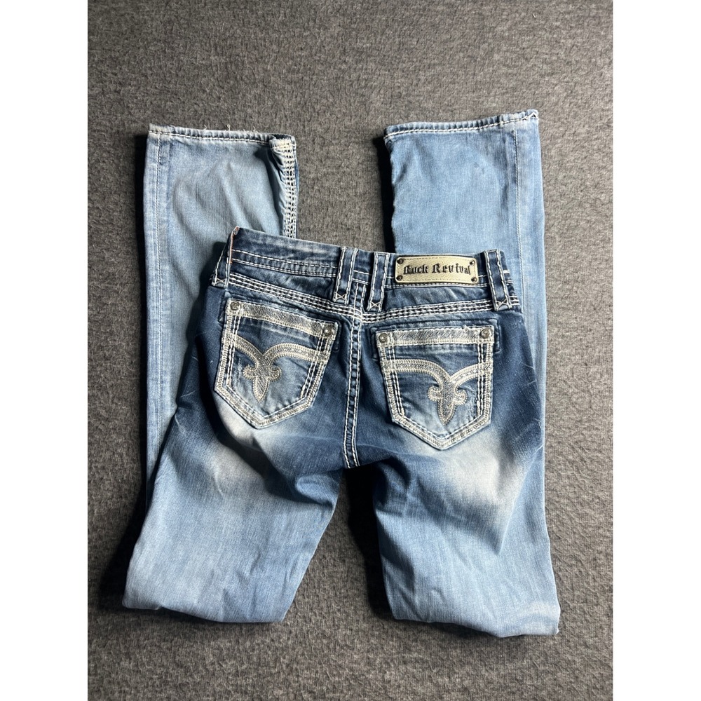 Rock Revival Sherry Mid-Rise Bootcut Jeans Light Wash Distressed Blue Denim 25 - Picture 1 of 16